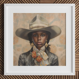 Letitia - Black Lesbian Cowgirl Art Print / Canvas Cowboy Hat Floral Accents White Band Brown Leather Lesbian Cowgirl Art, Elegant Outlaw