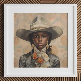Letitia - Black Lesbian Cowgirl Art Print / Canvas Cowboy Hat Floral Accents White Band Brown Leather, Elegant Outlaw Reminding, Prints