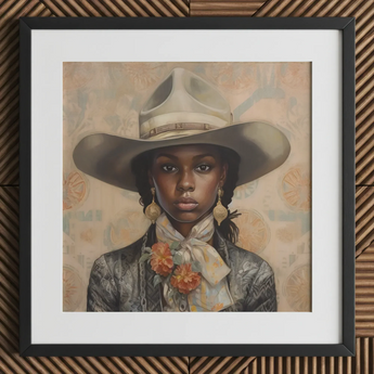 Letitia - Black Lesbian Cowgirl Art Print / Canvas Cowboy Hat Floral Accents White Band Black Frame Lesbian Cowgirl Art, Elegant Outlaw