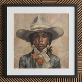 Letitia - Black Lesbian Cowgirl Art Print / Canvas Cowboy Hat Floral Accents White Band Frame, Elegant Outlaw Reminding, Prints