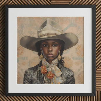 Letitia - Black Lesbian Cowgirl Art Print / Canvas Cowboy Hat Floral Accents White Band Frame, Elegant Outlaw Reminding, Prints