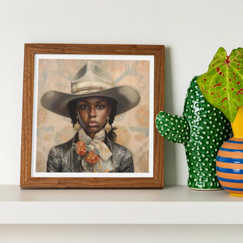 Letitia - Black Lesbian Cowgirl Art Print / Canvas Framed Portrait Person Gray Cowboy Hat Neckerchief Lesbian Cowgirl Art, Elegant Outlaw
