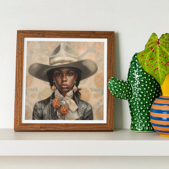 Letitia - Black Lesbian Cowgirl Art Print / Canvas Framed Portrait Person Gray Cowboy Hat Neckerchief, Elegant Outlaw Reminding, Prints