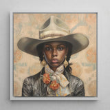 Letitia - Black Lesbian Cowgirl Art Print / Canvas Framed Portrait Woman Off-white Wide-brimmed Hat Brown Band, Elegant Outlaw Reminding,