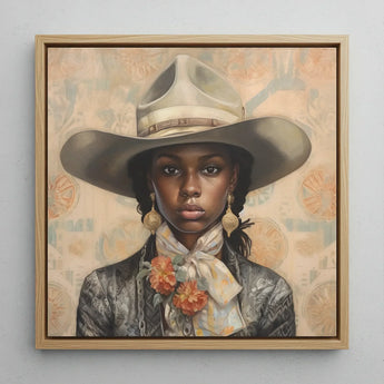 Letitia - Black Lesbian Cowgirl Art Print / Canvas Framed Portrait Woman Off-white Wide-brimmed Hat Brown Band, Elegant Outlaw Reminding,