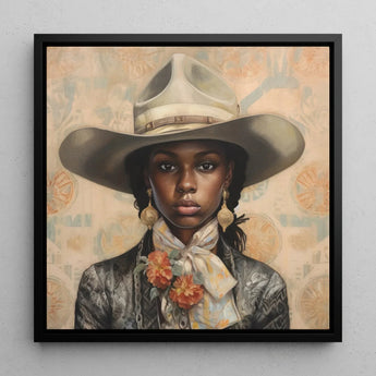 Letitia - Black Lesbian Cowgirl Art Print / Canvas Framed Portrait Woman Wide-brimmed Beige Hat Brown Band Lesbian Cowgirl Art, Elegant