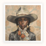 Letitia - Black Lesbian Cowgirl Art Print / Canvas Portrait Painting Woman Off-white Wide-brimmed Hat Brown Band Lesbian Cowgirl Art,