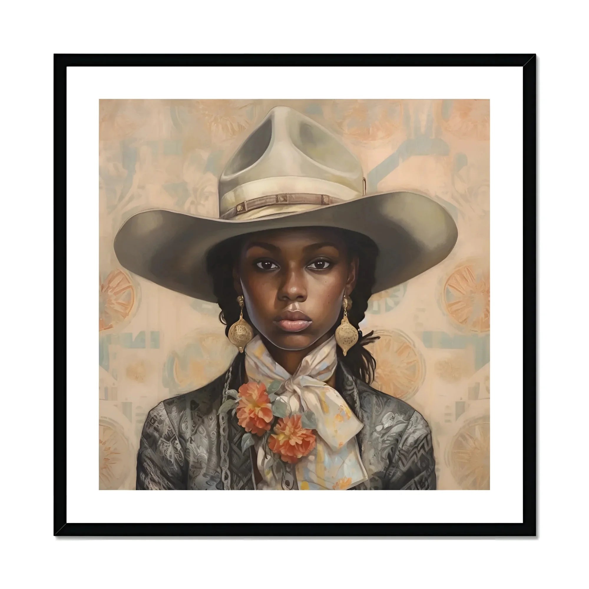 Letitia - Black Lesbian Cowgirl Art Print, Portrait Person Gray Cowboy Hat White Neckerchief Jacket