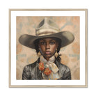 Letitia - Black Lesbian Cowgirl Art Print, Portrait Person Wide-brimmed Cowboy Hat Gray Jacket Orange