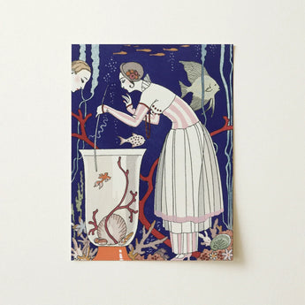 L’étourdissant Petit Poisson - George Barbier Art Print / Canvas Deco-style Illustrated Postcard Woman White Pink Striped Barbier’s