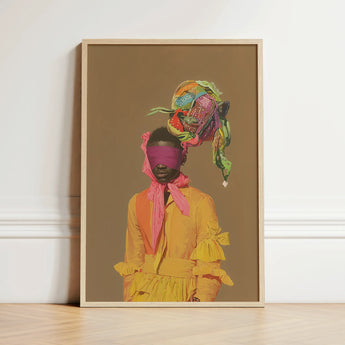 Vibrant Framed Art Print Figure Yellow Dress Pink Afrofuturist Fashion, Vintage