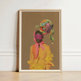 Vibrant Framed Art Print Figure Yellow Ruffled Dress Afrofuturist Fashion, Vintage