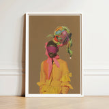 Vibrant Framed Art Print Figure Yellow Ruffled Dress Afrofuturist Fashion, Vintage