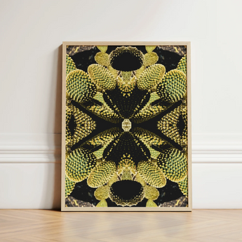 Framed Art Print Symmetrical Kaleidoscopic Design Green Cacti Reign Supreme, Trippy Botanical Succulent, Xeriscape Odyssey