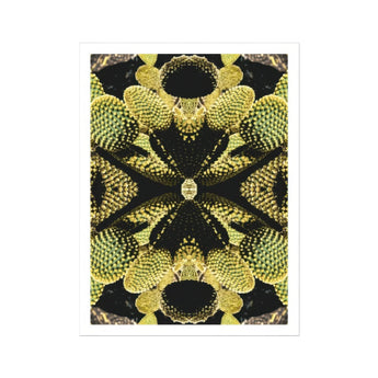 Life on Mars - Trippy Botanical Op Art Print / Canvas Kaleidoscopic Pattern Black Yellow Geometric Shapes Arranged Symmetrical Cacti Reign