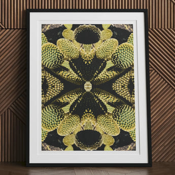 Life on Mars - Trippy Botanical Op Art Print, Framed Artwork Symmetrical Pattern Cactus-like Shapes Yellow Green