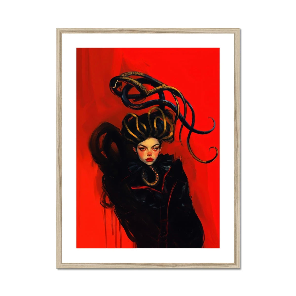 Lilith - Sapphic Witch Art Print, Stylized Fashion Illustration Dramatic Black Hair Swirls Red