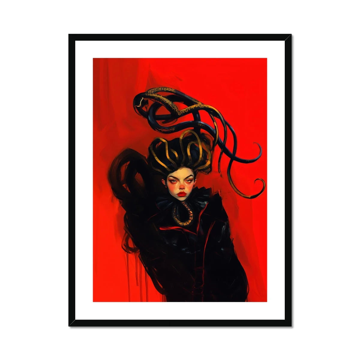 Lilith - Sapphic Witch Art Print, Stylized Fashion Illustration Dramatic Black Hair Swirls Red