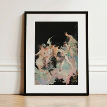 Our Little Secret - Neo-baroque Bacchanal Art Print / Canvas Black-framed Dynamic Impressionistic Scene Figures Motion, Blackness Holds,