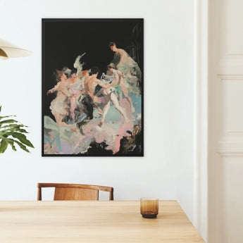 Our Little Secret - Neo-baroque Bacchanal Art Print / Canvas Framed Artwork Dancers Soft Pastel Hues Dark Background, Blackness Holds,