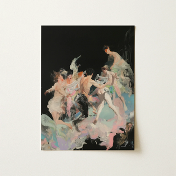Our Little Secret - Neo-baroque Bacchanal Art Print / Canvas Vibrant Abstract Painting Nude Figures Dynamic Motion Stark, Blackness Holds,