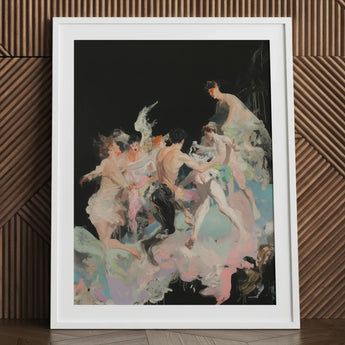 Our Little Secret - Neo-baroque Bacchanal Art Print / Canvas White Framed Abstract Painting Pastel Colors Black Background, Blackness