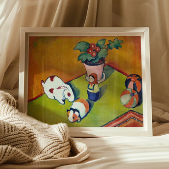 Little Walter’s Toys - August Macke Art Print / Canvas Framed Artwork White Cat Potted Plant Colorful Surface Walter’s Toys Art, August
