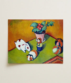 Vibrant Stylized Painting White Rabbit Red Spots Orange-and-white Walter’s Toys Art, August Macke Modern, Kaleidoscopic Reverie