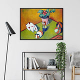 Little Walter’s Toys - August Macke Framed Canvas, Colorful Abstract Painting Teapots Flowers Orange Green Backgrounds