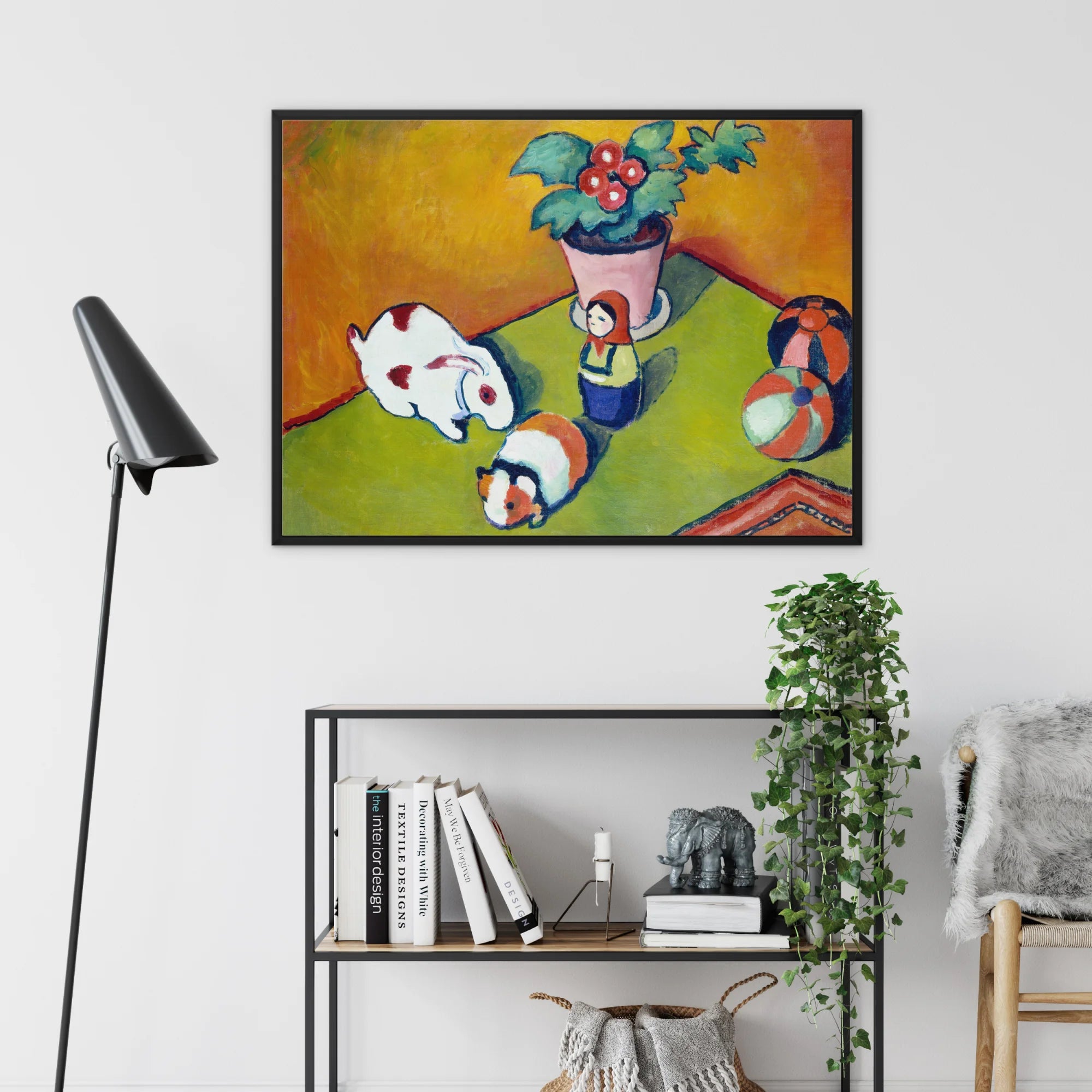 Little Walter’s Toys - August Macke Framed Canvas, Colorful Abstract Painting Teapots Flowers Orange Green Backgrounds