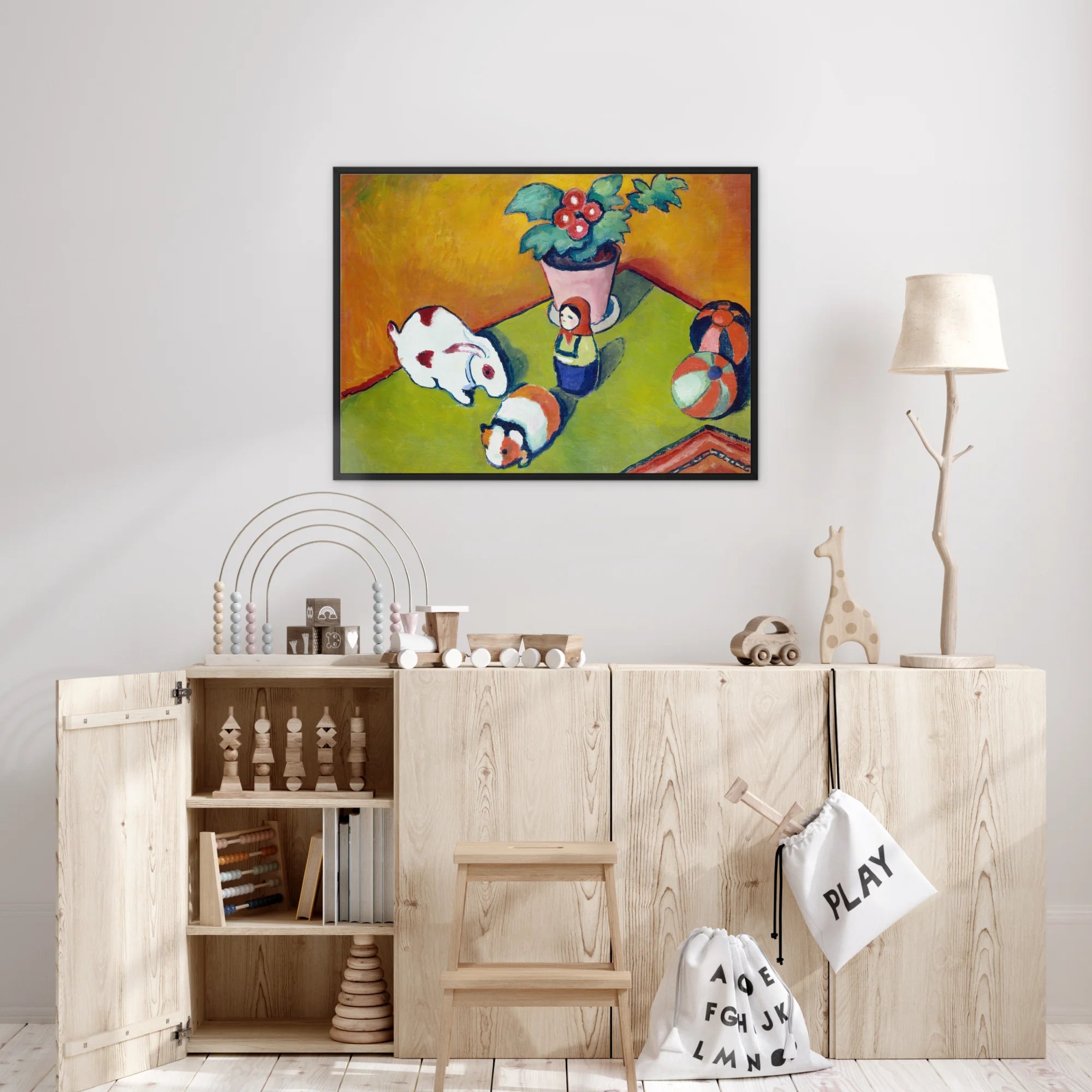 Little Walter’s Toys - August Macke Framed Canvas, Colorful Painting Pandas Green Surface Golden Background