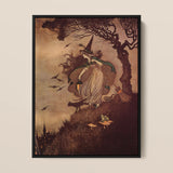 The Little Witch - Ida Rentoul Outhwaite Art Print / Canvas Framed Vintage-style Illustration Witch Gown Pointed Hat Broomstick Ida Rentoul
