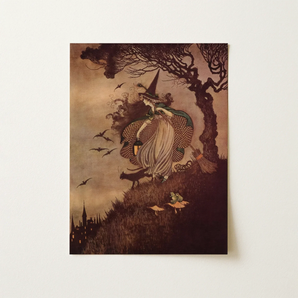 The Little Witch - Ida Rentoul Outhwaite Art Print / Canvas Vintage-style Witch Illustration Print Dark Moody Scene Sepia-toned Ida Rentoul