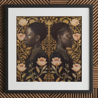 Lizzie & Carlotta - Afro-victorian Twins Art Print / Canvas Black-framed Artwork Two Symmetrical Portraits Black Women Profile Afro