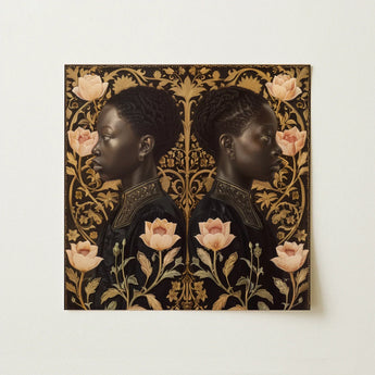 Lizzie & Carlotta - Afro-victorian Twins Art Print / Canvas Black Gold Ornate Portrait Two Symmetrical Profiles Women Afro Victorian Art,