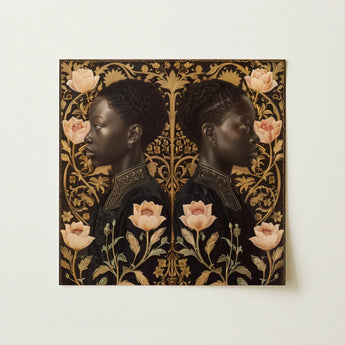 Lizzie & Carlotta - Afro-victorian Twins Art Print / Canvas Black Gold Ornate Portrait Two Symmetrical Profiles Women Afro Victorian,