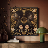 Lizzie & Carlotta - Afro-victorian Twins Art Print / Canvas Framed Artwork Two Black Women Profile Adorned Intricate Afro Victorian Art,