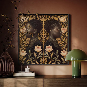 Lizzie & Carlotta - Afro-victorian Twins Art Print / Canvas Framed Artwork Two Black Women Profile Adorned Intricate Afro Victorian,