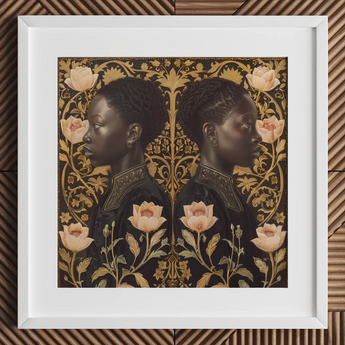 Lizzie & Carlotta - Afro-victorian Twins Art Print / Canvas Framed Artwork Two Black Women Profile Adorned Intricate Afro Victorian Art,