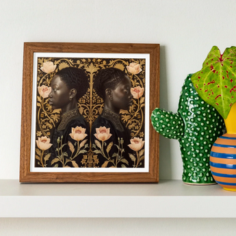 Lizzie & Carlotta - Afro-victorian Twins Art Print / Canvas Framed Artwork Two Mirrored Profiles Surrounded Floral Patterns Afro Victorian