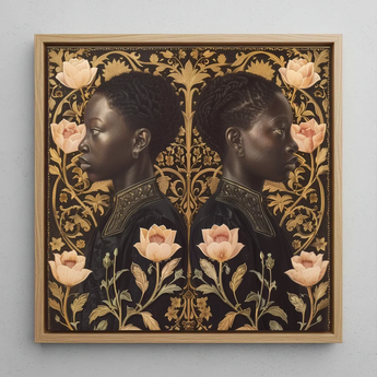 Lizzie & Carlotta - Afro-victorian Twins Art Print / Canvas Square-framed Artwork Two Black Women Profile Adorned Intricate Afro Victorian