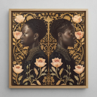 Lizzie & Carlotta - Afro-victorian Twins Framed Canvas, 12x12’’ / 31x31cm / Natural Floating Frame, Framed Painting Two Women Profile