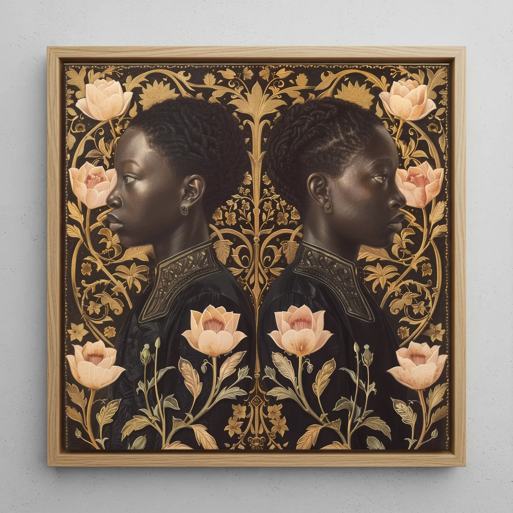 Lizzie & Carlotta - Afro-victorian Twins Framed Canvas, 12x12’’ / 31x31cm / Natural Floating Frame, Framed Painting Two Women Profile