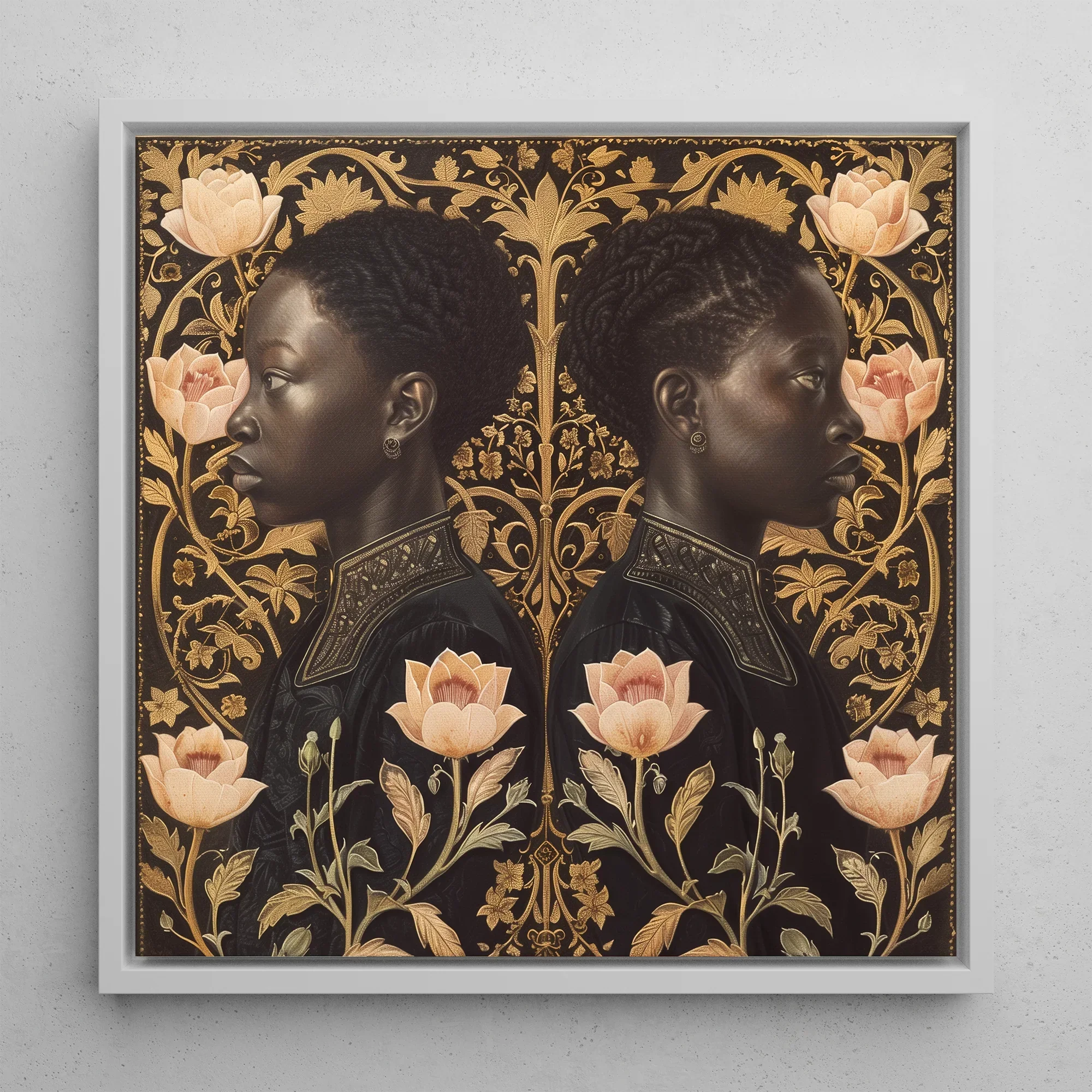 Lizzie & Carlotta - Afro-victorian Twins Framed Canvas, 12x12’’ / 31x31cm / White Floating Frame, Framed Portrait Two Women Floral Gold