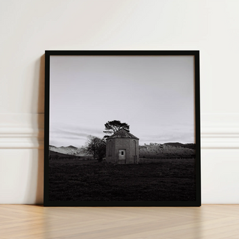 Lonely Brick House Art Print / Canvas Black-framed Black-and-white Photograph Stone Tree Open Field with Muted Silver, Blank Sky Cloud