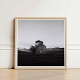 Lonely Brick House Art Print / Canvas Minimalist Black-and-white Photograph Light Wood Frame Stone Tree with Muted Silver, Blank Sky Cloud