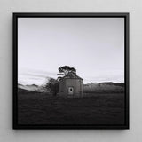 Lonely Brick House Art Print / Canvas Black-framed Black-and-white Photograph Stone Tree with Muted Silver, Blank Sky Cloud Cover, Light