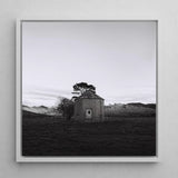 Lonely Brick House Art Print / Canvas Black-and-white Framed Photograph Stone Tree Open Field with Muted Silver, Blank Sky Cloud Cover,