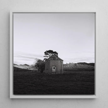 Lonely Brick House Art Print / Canvas Black-and-white Framed Photograph Stone Tree Open Field with Muted Silver, Blank Sky Cloud Cover,