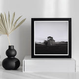 Lonely Brick House Art Print / Canvas Black-and-white Photograph Stone Octagonal Tree Roof with Muted Silver, Blank Sky Cloud Cover, Light